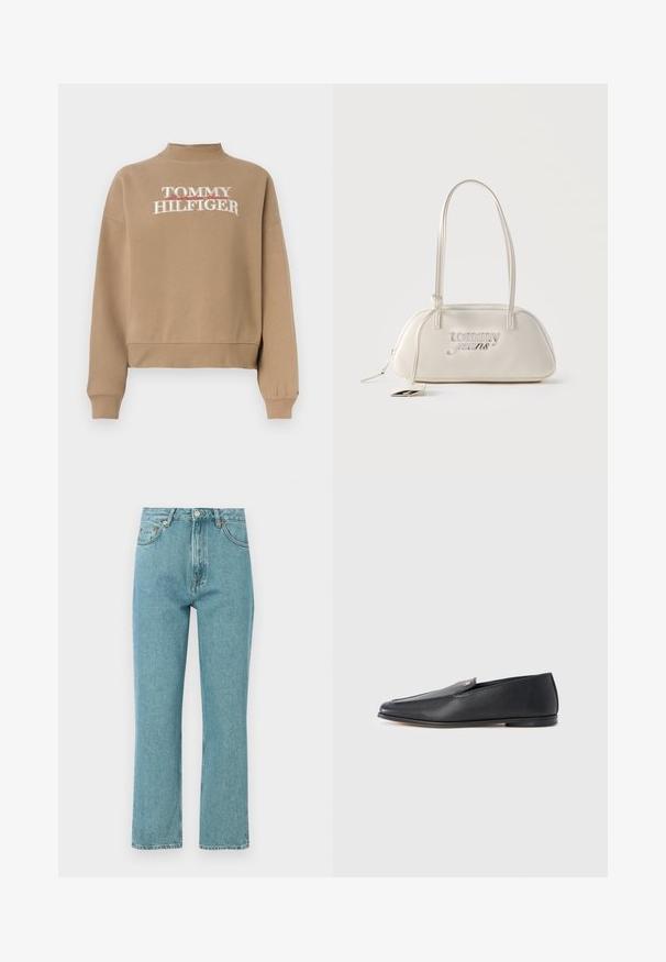 Hnedá mikina s vysokým golierom, na ktorej je vyšívané logo "TOMMY HILFIGER". Rebrované manžety a lem, mäkká textúra látky.; Svetlo modré džínsy s vysokým pásom a rovnými nohavicami. Vyrobené z denimu, s prednými vreckami a zapínaním na gombík.; Čierne kožené mokasíny s hladkou textúrou, zaoblenou špičkou a jemnými švami. Na hornej strane je zlatý akcent v podobe loga.; Krémovo sfarbená obdĺžniková kabelka cez rameno s dlhými remienkami, strieborné logo "tommy jeans" na prednej strane a visiaca záveska pripevnená k zipsu.