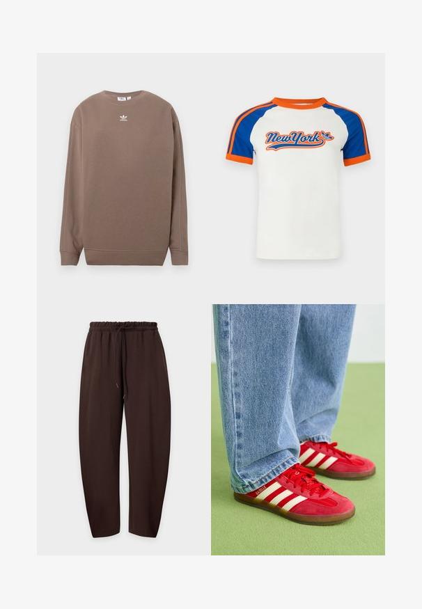Hnedá mikina z mäkkej látky s okrúhlym výstrihom, dlhými rukávmi a bielym logom Adidas na hrudi. Jednoduchý dizajn bez vzorov.; Biele tričko s krátkym rukávom, modrými raglánovými rukávmi a oranžovými akcentmi, s grafikou "NewYork" v štýlovom písme na prednej strane.; Hnedé voľnočasové nohavice s elastickým pásom a šnúrkou, zobrazené naplocho na svetlom pozadí.; Červené semišové tenisky s tromi bielymi pruhmi, okrúhlou špičkou a textúrovanou podrážkou, v kombinácii s svetlomodrými džínsami na zelenom pozadí.