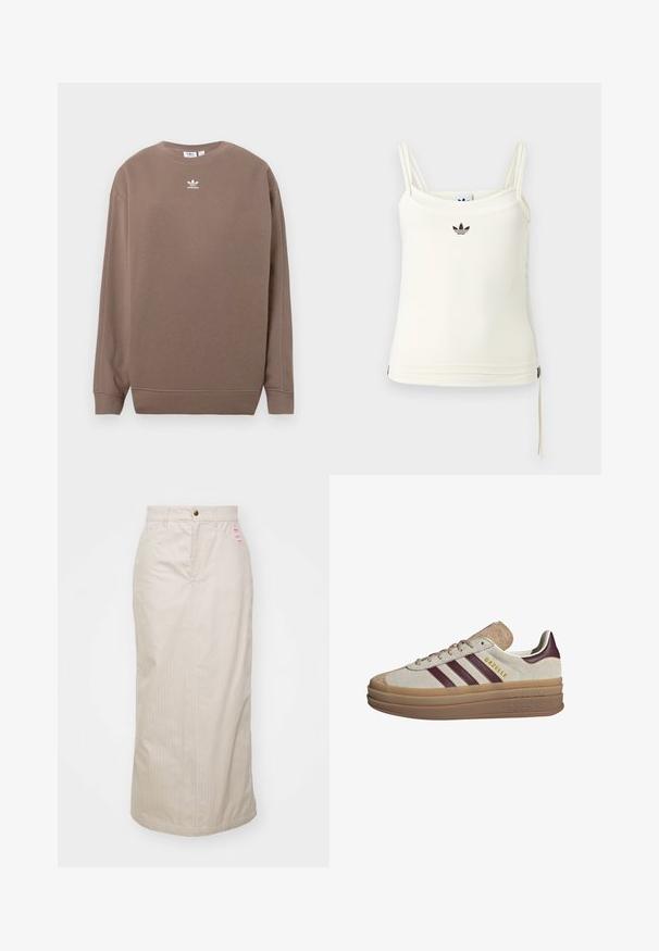 Bruine sweatshirt gemaakt van zachte stof, met een ronde hals, lange mouwen en een wit Adidas-logo op de borst. Eenvoudig ontwerp, zonder patronen.; Roomkleurig tanktop met dunne bandjes; Adidas-logo in zwart op de borst. Glad stof met een koorddetail aan de zoom. Eenvoudig ontwerp.; Beige gestreepte rok met een hoge taille, verborgen rits en metalen knoopsluiting. Inclusief een klein merklabel aan de voorkant.; Beige suède sneakers met bordeauxrode strepen, witte accenten, een chunky doorschijnende zool en verhoogde branding aan de zijkant. Vetersluiting.