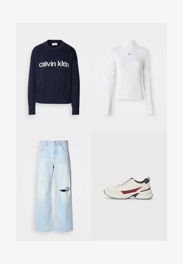 Suéter de punto azul marino con el logo blanco de "calvin klein" en el pecho, puños y dobladillo acanalados, confeccionado en un material suave.; Top de cuello alto de manga larga en color blanco, hecho de material acanalado. Presenta un pequeño logo bordado en el centro. Diseño ajustado y sin patrones.; Pantalones vaqueros de pierna ancha en azul claro, confeccionados en denim, con una cintura alta, grandes desgastes en las rodillas y un diseño clásico de cinco bolsillos con herrajes de cobre.; Zapatilla en blanco roto con acentos burdeos, material superior texturizado, suela de goma resistente, punta redonda y sistema de cordones.