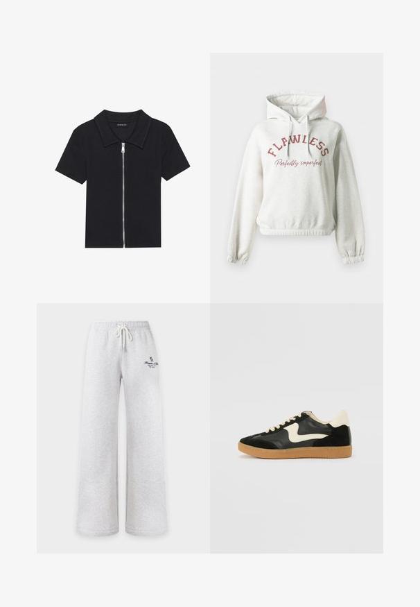 Hellgrauer Hoodie aus weichem Stoff, mit lockerem Schnitt, gerippten Säumen und einer Kordelzugkapuze. Text "FLAWLESS" und "Perfectly imperfect" in burgunderrot.; Schwarzes Poloshirt mit kurzen Ärmeln und geripptem Muster, ausgestattet mit einem Reißverschluss vorne und einem spitzen Kragen. Einfaches Design mit minimalen Akzenten.; Hellgraue Sweatpants mit weitem Bein, Kordelzugbund und kleinem gesticktem Logo am linken Oberschenkel. Keine sichtbaren Personen oder Hintergrund.; Schwarze Wildleder- und Leder-Sneaker mit einem cremefarbenen Seiten-Swoosh und einer hellcremefarbenen Ferse. Ausgestattet mit beige Schnürsenkeln und einer Gummilaufsohle.