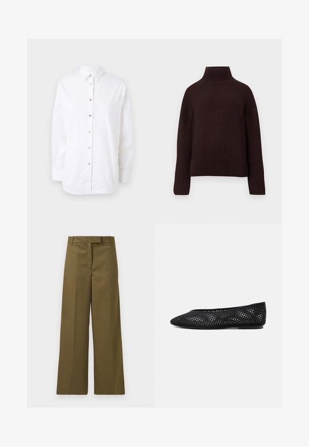 Mørkebrun ribbet strik turtleneck-sweater med lange ærmer og en let boxy pasform mod en ensfarvet baggrund.; Hvid langærmet skjorte lavet af bomuld. Har en knap-front med farvede knapper, en brystlomme og en klassisk krave.; Olivenfarvede bukser med vidde i benene i struktureret stof, med flad front, bæltestropper og sidelommer, der har en skræddersyet pasform og rene linjer.; Sort mesh flad sko med lukket tå og lav hæl, med åndbar vævet design og diskret side-logo.