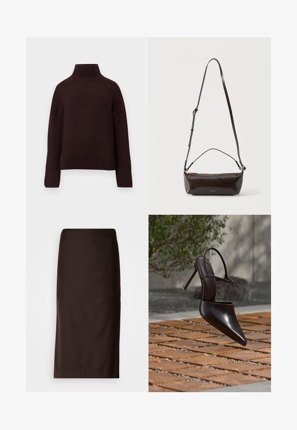 Mørkebrun ribbet strik turtleneck-sweater med lange ærmer og en let boxy pasform mod en ensfarvet baggrund.; Brun blyantskørt, knælængde, lavet af glat stof. Har et enkelt design uden synlige mønstre eller pynt.; Blank højhælet mule med spids tå og ankelrem, svævende over en terracottaflisebelagt overflade med grusfyldte mellemrum.; Lille blank mørkebrun læder skuldertaske med justerbar rem, top håndtag og gyldent lynlås lukning.