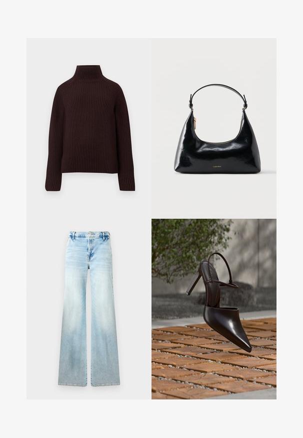 Dunkelbrauner, gerippter Strickpullover mit Rollkragen, langen Ärmeln und leicht boxy Passform vor einem schlichten Hintergrund.; Hellblaue, flared Jeans aus Denim. Sie bietet eine ausgewaschene Optik, Standardtaschen und einen Knopfverschluss an der Taille.; Glänzender schwarzer Mule mit hohem Absatz, spitzer Zehenpartie und Knöchelriemen, schwebend über einer Oberfläche aus terrakottafarbenen Fliesen mit Kieslücken.; Schwarze, glänzende Calvin Klein Handtasche mit goldfarbenem Reißverschluss und kurzem Trageriemen vor schlichtem weißem Hintergrund.