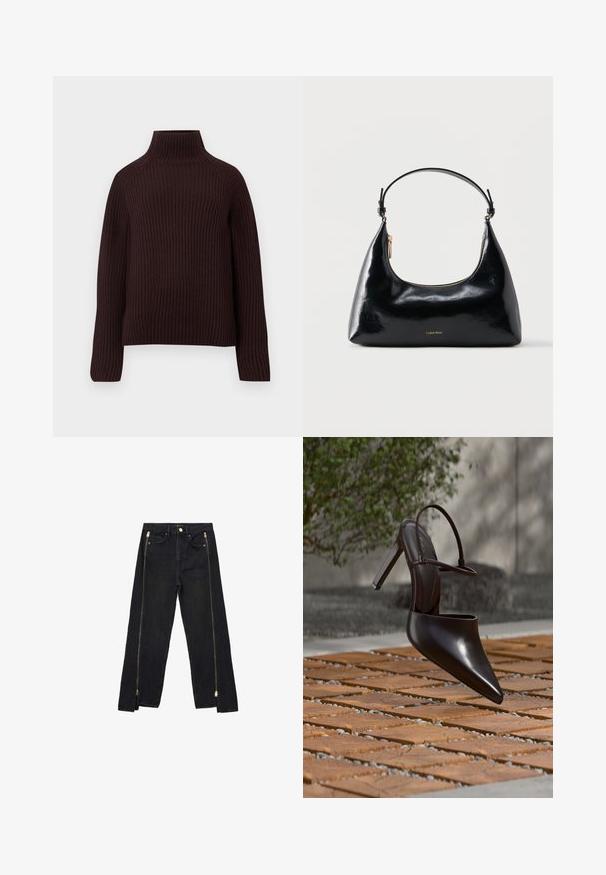 Mørkebrun ribbet strik turtleneck-sweater med lange ærmer og en let boxy pasform mod en ensfarvet baggrund.; Sorte denimjeans med lige ben-design, der har guld lynlåse langs siderne og almindelige lommer ved taljen.; Blank højhælet mule med spids tå og ankelrem, svævende over en terracottaflisebelagt overflade med grusfyldte mellemrum.; Sort blank Calvin Klein håndtaske med gyldent lynlås og kort rem mod en ensfarvet hvid baggrund.