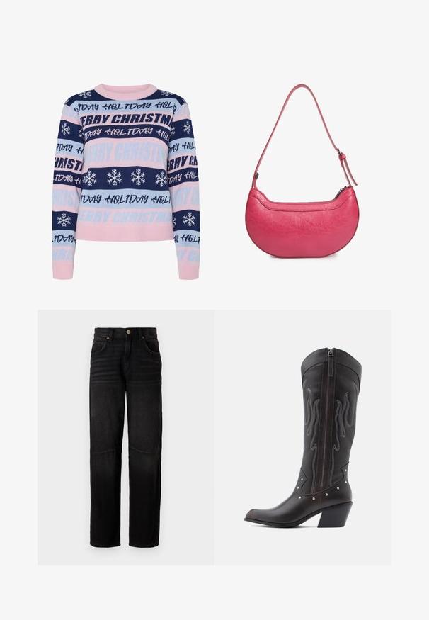 Jersey de Navidad de punto con rayas alternas en marino, azul claro y rosa. El texto incluye "FELIZ NAVIDAD" y patrones de copos de nieve.; Vaqueros de denim negro con corte recto, estilo de cinco bolsillos, cierre de botón y sutil desgaste en los muslos y las rodillas.; Botas de cowboy de cuero marrón con costuras en forma de llama, cremallera lateral, tachuelas plateadas, punta puntiaguda y tacón apilado.; Bolso de cuero rosa con forma curvada, una sola correa de hombro ajustable y cierre superior de cremallera. Acabado texturizado con arrugas visibles.