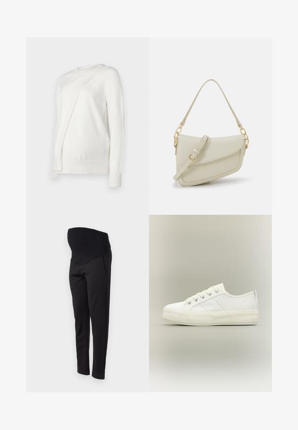 Hvid langærmet trøje med rund halsudskæring, der har et skråt foldet design på fronten samt ribbede manchetter og kant. Blødt materiale.; ONLY MATERNITY OLMGISELEA - Bukser - black; Hvid lavtop sneaker med tyk ribbet sål, snørelukning foran og trækflap på hælen mod en neutral baggrund.; Lille cremehåndtaske med tekstureret overflade, en lang justerbar rem, en kædeaccent og flaplukning. Detaljer i guldhardware.