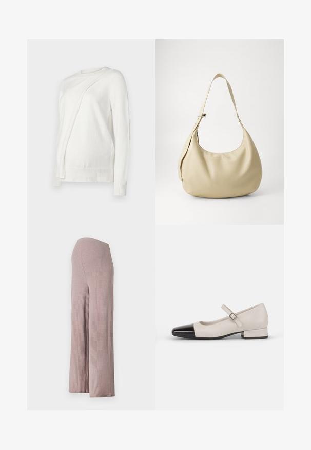 Suéter blanco de manga larga con escote redondo, que presenta un diseño diagonal plegado en el frente y puños y dobladillo acanalados. Material suave.; Pantalones de pierna ancha de color rosa claro, acanalados, con una cinturilla sin costuras, que presentan un tejido suave y texturizado y una silueta relajada.; Zapato estilo Mary Jane en cuero crema con puntera de charol negro. Presenta una punta redonda, tirante en el tobillo con una hebilla cuadrada y un tacón bajo y cuadrado.; Bolso de hombro de cuero beige con forma curva, correa ajustable y detalle de logo en relieve, que presenta una textura suave y un diseño minimalista.