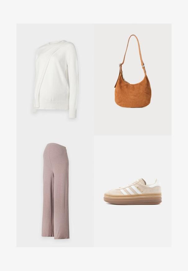 Suéter blanco de manga larga con escote redondo, que presenta un diseño diagonal plegado en el frente y puños y dobladillo acanalados. Material suave.; Pantalones de pierna ancha de color rosa claro, acanalados, con una cinturilla sin costuras, que presentan un tejido suave y texturizado y una silueta relajada.; Zapatilla de ante beige con detalles en cuero blanco, que cuenta con tres franjas blancas, un logo dorado y una suela gruesa de goma translúcida.; Bolso de hombro de ante marrón claro con un diseño curvado, correa ajustable, cremallera metálica y detalle de logo en relieve en la parte frontal.