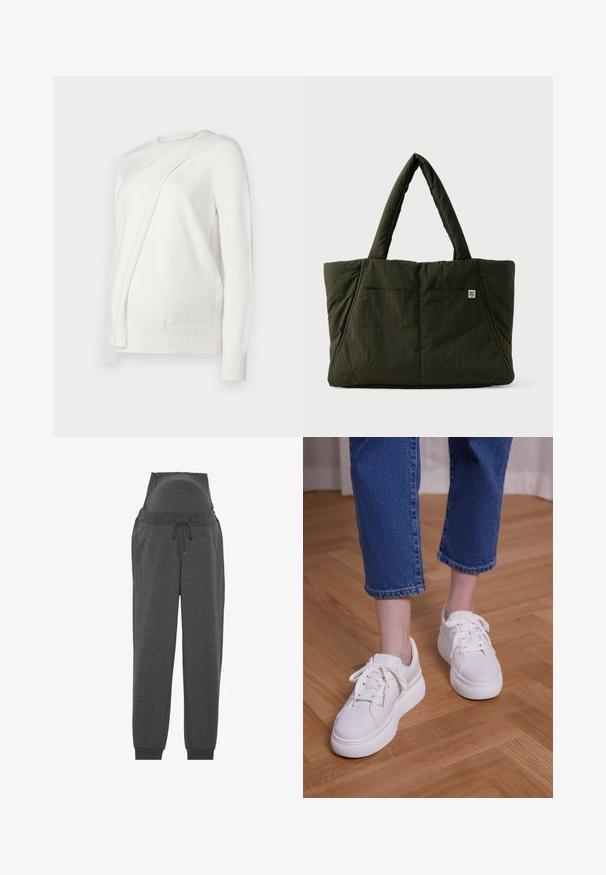 Suéter blanco de manga larga con escote redondo, que presenta un diseño diagonal plegado en el frente y puños y dobladillo acanalados. Material suave.; Pantalones de chándal de maternidad grises con una cintura alta, cierre con cordón y puños elásticos. Fabricados con un tejido suave para mayor comodidad y flexibilidad.; Piernas con vaqueros azules recortados y zapatillas blancas con cordones y plataforma, de pie sobre un suelo de madera clara.; Bolso tote acolchado grande de color verde oscuro con asas anchas y acolchadas, y una pequeña etiqueta de logo blanca en el bolsillo frontal, sobre un fondo blanco.