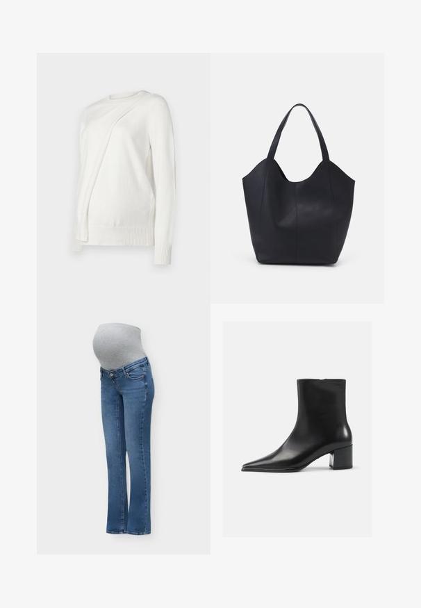 Hvid langærmet trøje med rund halsudskæring, der har et skråt foldet design på fronten samt ribbede manchetter og kant. Blødt materiale.; Blå graviditetsjeans med en grå elastisk mavepanel designet til at sidde over en gravid mave for komfort og støtte.; Sort læder ankelstøvle med spidse tæer, glat tekstur og mellemhøj blokhæl. Minimalistisk design, lynlås lukning bagpå.; Sort tote taske lavet af glat læder, med en buet, åben top, to skulderstropper og et minimalistisk design.
