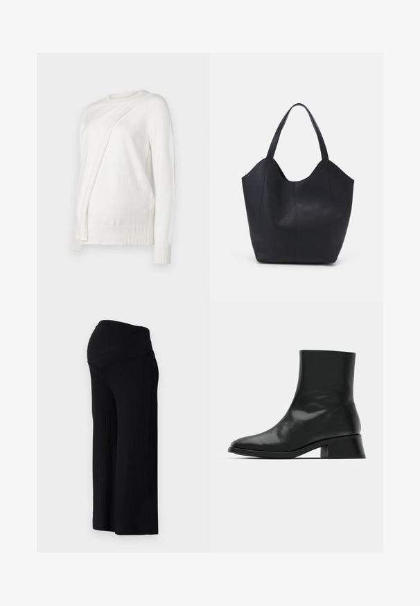 Hvid langærmet trøje med rund halsudskæring, der har et skråt foldet design på fronten samt ribbede manchetter og kant. Blødt materiale.; Sorte ribbede bredbenede bukser med høj talje. Stoffet er glat og strækbart, hvilket skaber en afslappet pasform hele vejen ned ad benene.; Sort ankelstøvle lavet af blank læder, med et strømlinet design, spids tå og en moderat blokhælhøjde for stabilitet.; Sort tote taske lavet af glat læder, med en buet, åben top, to skulderstropper og et minimalistisk design.