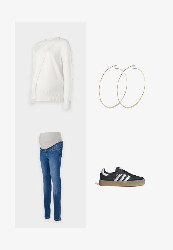 Suéter blanco de manga larga con escote redondo, que presenta un diseño diagonal plegado en el frente y puños y dobladillo acanalados. Material suave.; Jeans de maternidad en denim azul con un corte ajustado. Cuenta con un panel de estiramiento gris para mayor comodidad. Diseño clásico de cinco bolsillos con un ligero desvanecimiento.; Zapatilla deportiva de cuero negro con tres rayas plateadas, punta texturizada y suela de goma. Cuenta con un collar acolchado y un diseño con cordones.; Pilgrim Pendientes - gold-coloured