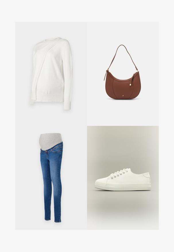 Suéter blanco de manga larga con escote redondo, que presenta un diseño diagonal plegado en el frente y puños y dobladillo acanalados. Material suave.; Jeans de maternidad en denim azul con un corte ajustado. Cuenta con un panel de estiramiento gris para mayor comodidad. Diseño clásico de cinco bolsillos con un ligero desvanecimiento.; Zapatilla blanca baja con cordones blancos y suela de goma mostrada desde vista lateral sobre un fondo neutro.; Bolso de hombro de imitación cuero marrón con forma curva, costura mínima y un acento de hardware en tono dorado. Presenta un cierre de cremallera en la parte superior y una correa ajustable.