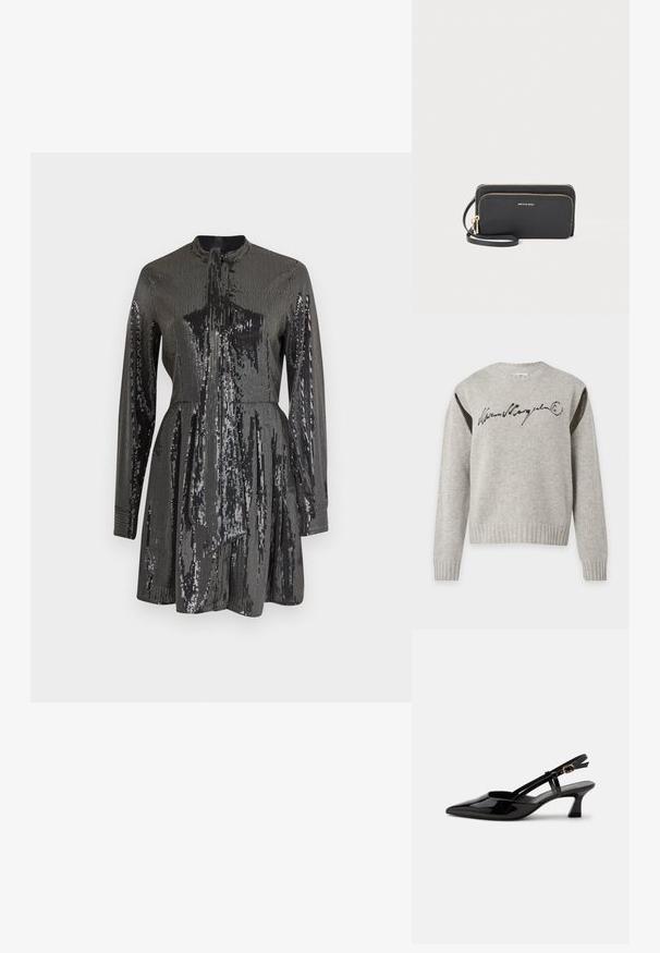 Lysegrå strikket sweater med lange ærmer, ribkanter ved manchetten og i kanten, sort signaturtekst tværs over brystet og mørke meshpaneler på skuldrene.; Sort pailetterklædning med lange ærmer og høj halsudskæring, der har en tætsiddende bodice og A-linjeet skørt. Reflekterende tekstur over hele overfladen.; Sort laklæderslingback med lille hæl, spids tå og justerbar guldlåsrem på hvid baggrund.; Sort læder lynlås tegnebog med struktureret overflade, guld hardware accenter og en aftagelig håndledsrem. Har to rum og syte detaljer.