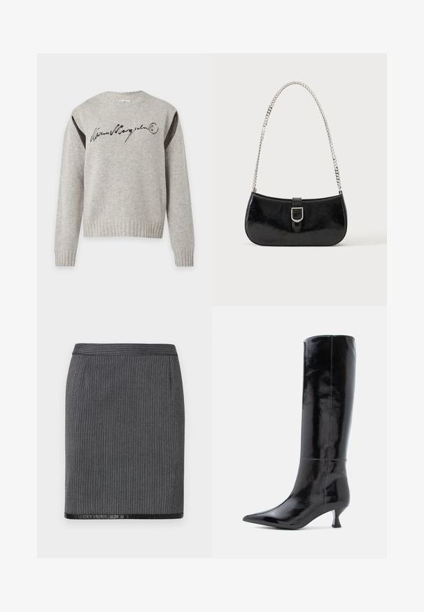 Lysegrå strikket sweater med lange ærmer, ribkanter ved manchetten og i kanten, sort signaturtekst tværs over brystet og mørke meshpaneler på skuldrene.; Grå ribbet blyantskirt med en glat sort kant. Har et tætsiddende design og et standard liv. Teksturen er vævet og sofistikeret.; Sorte læderknæhøje støvler med en glansfuld finish, spids tå og en lille, firkantet hæl. Glat tekstur, minimal syning.; Sort skuldertaske i laklæder med sølv spænde og sølv kæderem, vist mod en ensartet lys baggrund.
