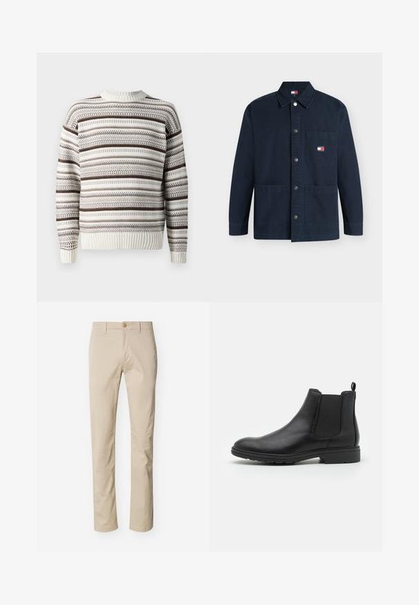 Gehaakte trui in crème met bruine strepen en patronen. Heeft een geribbelde ronde hals en zoom. Gemaakt van zacht textielmateriaal.; Marineblauwe jas met knopen, drie voorzakken, een kraag en een klein Tommy Jeans-logo op de bovenste linker voorzak.; Beige rechte broek met knoop- en ritssluiting aan de voorkant, lussen voor een riem en een klassieke pasvorm.; Zwarte leren Chelsea-boot met elastische zijpanelen en een trekhaak, met een ronde neus en een gestructureerde rubberen zool.