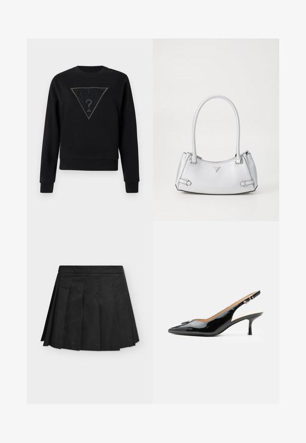 Sweat-shirt noir à col rond, avec un panneau texturé triangulaire orné de clous et le mot "GUESS" au-dessus d'un point d'interrogation.; Mini-jupe noire plissée avec large ceinture, plis plats uniformément espacés, présentée à plat sur un fond gris clair.; Escarpin slingback en cuir verni noir avec bout pointu, petit talon kitten et bride à boucle argentée sur fond blanc uni.; Sac à main argenté avec un design structuré, doté de deux poignées, d'une texture brillante, de quincaillerie accentuée et d'un logo triangulaire sur le devant.