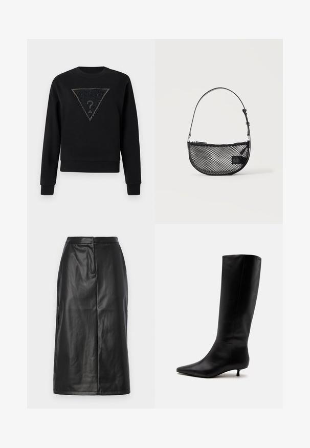 Sweat-shirt noir à col rond, avec un panneau texturé triangulaire orné de clous et le mot "GUESS" au-dessus d'un point d'interrogation.; Jupe en cuir noir avec une silhouette ajustée, présentant une texture lisse, un design mi-long et des détails de coutures subtils. Pas d'accents en métal.; Botte noire en cuir jusqu'au genou avec bout pointu et petit talon kitten sur un fond clair uni.; Sac à main en maille noire forme demi-lune avec une courte bandoulière en cuir réglable et une fermeture éclair sur un fond clair uni.