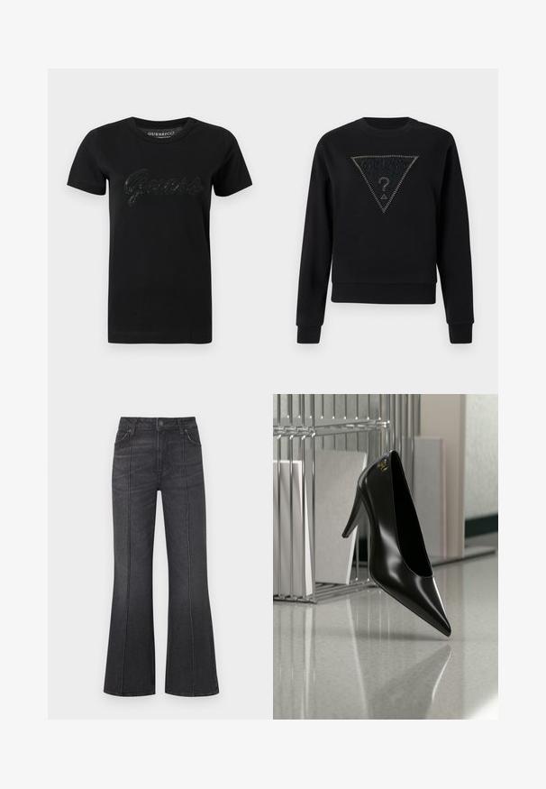 Sweat-shirt noir à col rond, avec un panneau texturé triangulaire orné de clous et le mot "GUESS" au-dessus d'un point d'interrogation.; T-shirt noir en coton avec un col rond, des manches courtes et un logo "Guess" en sequins texturés sur la poitrine.; Jean noir évasé avec une taille haute, doté de poches avant et de surpiqûres contrastantes le long des coutures, fabriqué en tissu denim.; Chaussure noire à talon haut avec bout pointu et logo doré, posée sur une surface réfléchissante près d'un organiseur de dossiers en fil chromé contenant des documents.