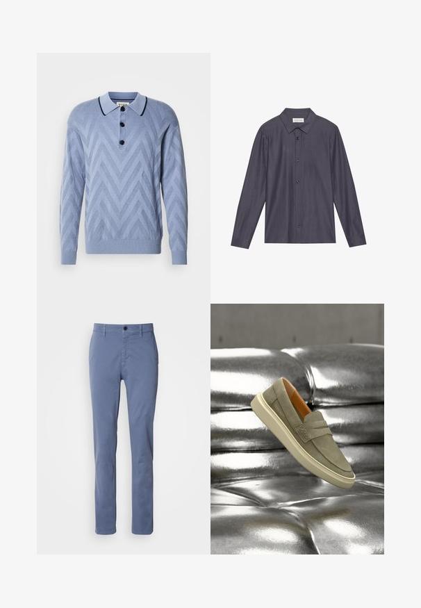 Polo de punto azul claro con un patrón en forma de chevron, tres botones negros y un cuello navy contrastante. Mangas largas y puños acanalados.; Camisa de botones gris oscuro con cuello puntiagudo, mangas largas y botones negros, que presenta una tela texturada y un corte holgado.; Pantalones rectos azules con cierre de botón y cremallera, trabillas para cinturón y bolsillos frontales, exhibidos sobre un fondo blanco.; Mocasín de ante marrón claro con suela blanca flotando sobre una superficie terciopelada plateada brillante.