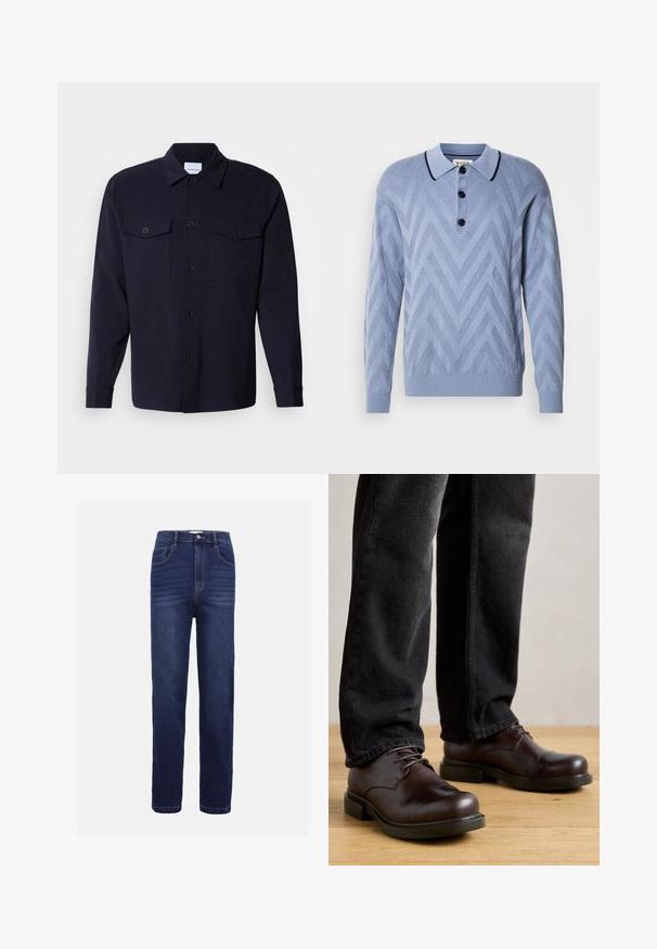 Lichtblauwe gebreide polo met een chevronpatroon, drie zwarte knopen en een contrasterende marineblauwe kraag. Lange mouwen en geribde manchetten.; Navyblauwe overhemdenjack gemaakt van zachte stof, met twee borstzakken, een knoopsluiting aan de voorkant en lange mouwen met knoopmanchetten.; Donkerblauwe denim jeans met een recht model, vijf zakken, een knoopsluiting en subtiele horizontale stiksels.; Bruine leren schoenen met een ronde neus, vetersluiting en robuuste zwarte rubberen zool, gecombineerd met donkere spijkerbroek.