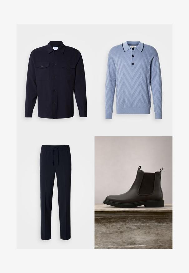 Polo de punto azul claro con un patrón en forma de chevron, tres botones negros y un cuello navy contrastante. Mangas largas y puños acanalados.; Chaqueta de camisa azul marino hecha de una tela suave, con dos bolsillos en el pecho, un frente abotonado y mangas largas con puños abotonados.; Pantalones ligeros azul marino con cintura elástica y cordón ajustable, que presentan un diseño de corte recto y una textura suave.; Botín Chelsea de cuero negro con paneles laterales elásticos y tiradores, flotando sobre un banco de madera al aire libre con un fondo de hierba.