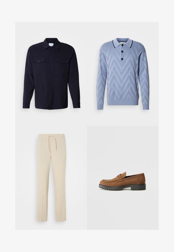 Lichtblauwe gebreide polo met een chevronpatroon, drie zwarte knopen en een contrasterende marineblauwe kraag. Lange mouwen en geribde manchetten.; Navyblauwe overhemdenjack gemaakt van zachte stof, met twee borstzakken, een knoopsluiting aan de voorkant en lange mouwen met knoopmanchetten.; Beige, elastische broek met een trekkoord in de taille. Heeft rechte pijpen en een zachte textuur, geschikt voor casual wear of loungen.; Bruine suede instappers met een ronde neus en een lage zwarte rubberen zool, met een decoratieve band en stiksel details op het bovenwerk.