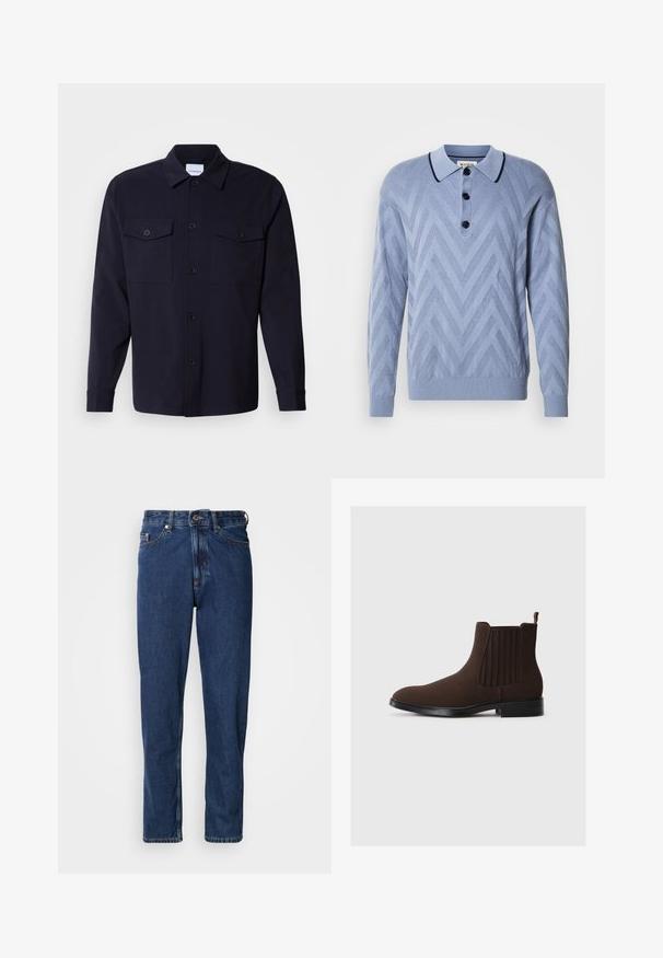 Polo de punto azul claro con un patrón en forma de chevron, tres botones negros y un cuello navy contrastante. Mangas largas y puños acanalados.; Chaqueta de camisa azul marino hecha de una tela suave, con dos bolsillos en el pecho, un frente abotonado y mangas largas con puños abotonados.; Jeans de mezclilla de color azul oscuro, con diseño de pierna recta, estilo de cinco bolsillos y costuras visibles a lo largo de las costuras.; Botín Chelsea de ante marrón con paneles laterales elásticos, tacón bajo y una lengüeta en la parte trasera. Textura suave y diseño aerodinámico.