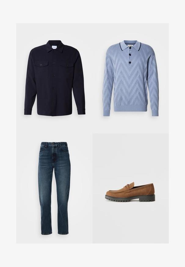 Lichtblauwe gebreide polo met een chevronpatroon, drie zwarte knopen en een contrasterende marineblauwe kraag. Lange mouwen en geribde manchetten.; Navyblauwe overhemdenjack gemaakt van zachte stof, met twee borstzakken, een knoopsluiting aan de voorkant en lange mouwen met knoopmanchetten.; Donkerblauwe recht gesneden jeans met een sluiting met knoop en rits aan de voorkant, vijf-pocket ontwerp en subtiele vervaging op de dijen en knieën.; Bruine suede instappers met een ronde neus en een lage zwarte rubberen zool, met een decoratieve band en stiksel details op het bovenwerk.