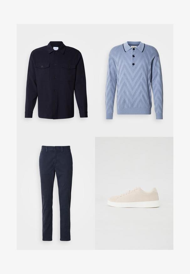 Lichtblauwe gebreide polo met een chevronpatroon, drie zwarte knopen en een contrasterende marineblauwe kraag. Lange mouwen en geribde manchetten.; Navyblauwe overhemdenjack gemaakt van zachte stof, met twee borstzakken, een knoopsluiting aan de voorkant en lange mouwen met knoopmanchetten.; Navyblauwe slim-fit katoenen broek met riemlussen en een knoopsluiting, weergegeven op een witte achtergrond.; Beige suède sneakers met witte rubberen zolen, ronde neus en zes veterogen. Gladde textuur met minimalistisch ontwerp.