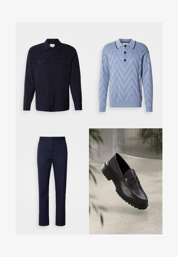 Himmelblaues gestricktes Polohemd mit einem Zickzackmuster, drei schwarzen Knöpfen und einem kontrastierenden dunkelblauen Kragen. Lange Ärmel und gerippte Bündchen.; Marineblaue Hemdjacke aus weichem Stoff, mit zwei Brusttaschen, einer Knopfleiste und langen Ärmeln mit geknöpftem Bündchen.; Dunkelblaue Hosen aus Baumwollgemisch. Verfügt über einen geraden Beinverlauf, einen Taillenbund mit Gürtelschlaufen und einen vorderen Knopfverschluss.; Braune Leder-Loafers mit einer strukturierten, geriffelten Gummisohle. Sie zeichnen sich durch ein schlankes Design und einen dekorativen Riemen über dem Spann aus.