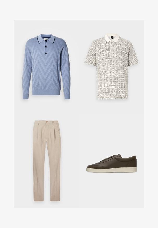 Polo tricoté bleu clair avec un motif en chevron, trois boutons noirs et un col marine contrastant. Manches longues et poignets côtelés.; Polo blanc à manches courtes pour homme avec un petit motif géométrique noir et un col blanc uni, présenté sur un fond uni.; Pantalon beige en tissu léger, doté d'une texture lisse, de quatre plis à l'avant et d'une fermeture à bouton à la taille.; Baskets basses en cuir marron foncé avec lacets sur le devant et semelle en caoutchouc couleur crème, vues de côté extérieur sur fond blanc.
