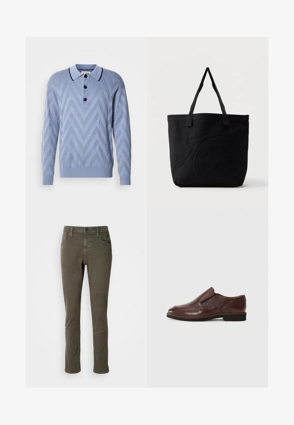 Lichtblauwe gebreide polo met een chevronpatroon, drie zwarte knopen en een contrasterende marineblauwe kraag. Lange mouwen en geribde manchetten.; Antony Morato KURT COMFORT - Jeans Tapered Fit - dark olive; Bruine leren instapschoen met een ronde neus, elastische zijaccenten en een lage rubberen zool. Bevat subtiele stiksels langs de rand.; Zwarte canvas tas met twee schouderbanden en een subtiel, ingebosseleerd cirkelvormig ontwerp aan de voorkant.