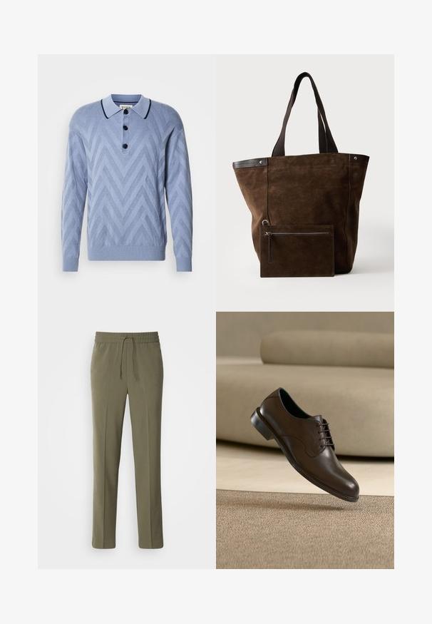 Polo de punto azul claro con un patrón en forma de chevron, tres botones negros y un cuello navy contrastante. Mangas largas y puños acanalados.; Pantalones de color verde oliva, ligeros, con cintura elástica y cordón ajustable; diseño de pierna recta y textura suave.; Zapato de vestir marrón de cuero con cordones flotando sobre una alfombra beige con un sofá de color crema claro al fondo.; Bolso tote de ante marrón oscuro con asas negras y un neceser rectangular con cremallera a juego unido en la parte frontal.