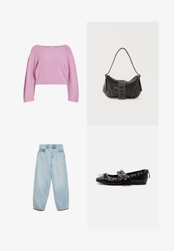 Ribaga kootud riidest lühendatud sviiter pastelsetes roosades toonides, millel on lai kaelus ja laiad varrukad, mis tagavad mugava istuvuse.; Heledad sinine denim naisest suits, millel on mugav lõige, kõrge talje ja laied jalad, kergelt kulunud tekstuuri ja klassikaline viie taskuga disain.; Mustad tasase tallaga baleriinsaabas topelt pandlakihtide, hõbedaste silmaaugude ja väikese paelaga ümarate varvaste juures valgel taustal.; Mustast nahast õlakott pandlanööriga detailiga, kõverate servade ja kontrastse valge õmblusega tavalise tausta peal.