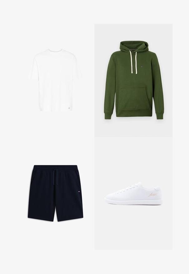 Grøn bomulds hoodie med snoretræk i hætten, frontlomme og ribbede manchetter. Har et lille logo på brystet og en glat tekstur.; Hvid t-shirt med korte ærmer i blød bomuldsblanding. Har en rund hals og et diskret logo ved bunden af kanten. Lige snit og afslappet pasform.; Marineblå afslappede shorts med elastisk talje og snøre, sidelommer og lille flaglogo på højre lomme.; Hvid lavt snøresko med hvide snørebånd, tekstureret sål og gyldent "lacoste"-logo på siden mod en neutral baggrund.