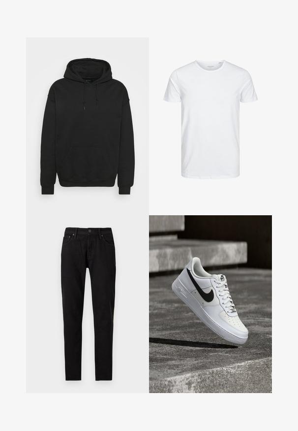 Sort hættetrøje lavet af en blanding af bomuldsstoffer, med snor i huen, forlommer og ribbede manchetter og kant. Glat tekstur.; Rundhals kortærmet t-shirt i ensfarvet hvid, lavet af blød bomuld, har et simpelt design uden synlige mønstre eller detaljer.; Sorte slim-fit jeans med frontknap og lynlås lukning, bæltestropper og to forlommer synlige på en hvid baggrund.; Hvid Nike Air Force 1-sneaker med sort swoosh, snørebånd bundet, placeret i luften over tekstureret betonoverflade udendørs.