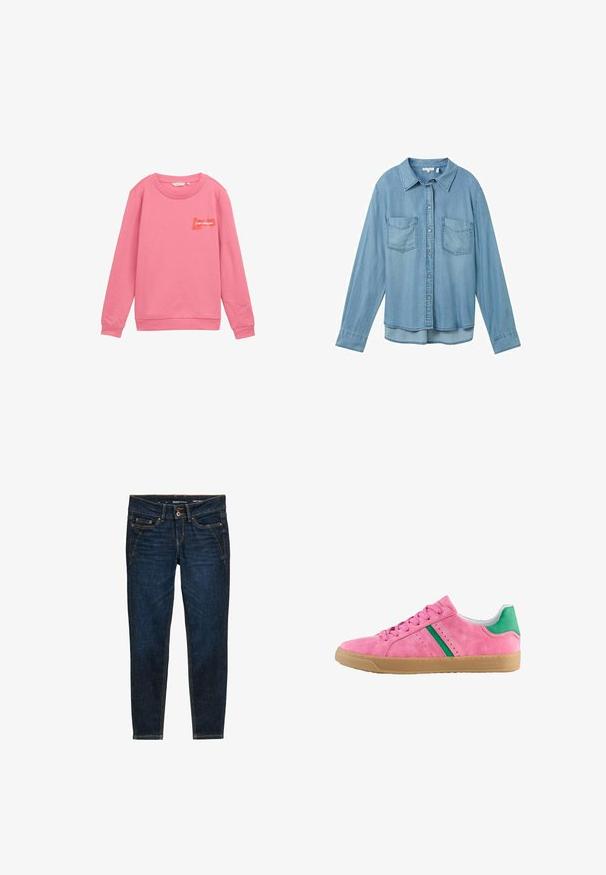 Roze sweatshirt van zacht materiaal, met een ronde hals, lange mouwen, geribbelde manchetten en een klein 'pour toujours' logo in oranje.; Lichtblauwe denim overhemd met lange mouwen, knoopsluiting en twee voorzakken. Heeft een klassiek kraag en een licht gebogen zoom.; Donkerblauwe denim jeans met een slim fit, voorzien van oranje stiksels, vijf zakken en een knoopsluiting bij de taille.; Roze suède sneakers met groene hielaccent en strepen. Heeft een ronde neus, vetersluiting aan de voorkant en een gumrubberen zool. Geperforeerde details aan de zijkanten.
