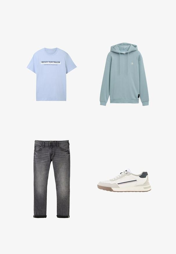 Lys blå hættetrøje med kængurulomme, snøre til hætten og et lille logo på brystet. Blødt stof med ribbede manchetter.; Lysblå bomulds t-shirt med korte ærmer og rund hals. Frontgrafik inkluderer "DENIM TOM TAILOR" og "etableret to tusinde og syv."; Grå denim jeans med en lige pasform, der har en klassisk fem-lomme stil, ophøjede manchetter og subtilt slid i stoffet.; Hvid og beige sneaker med hvide snørebånd, brun sål, sort hæl lap og sidestribe detaljer i marineblåt og rødt.