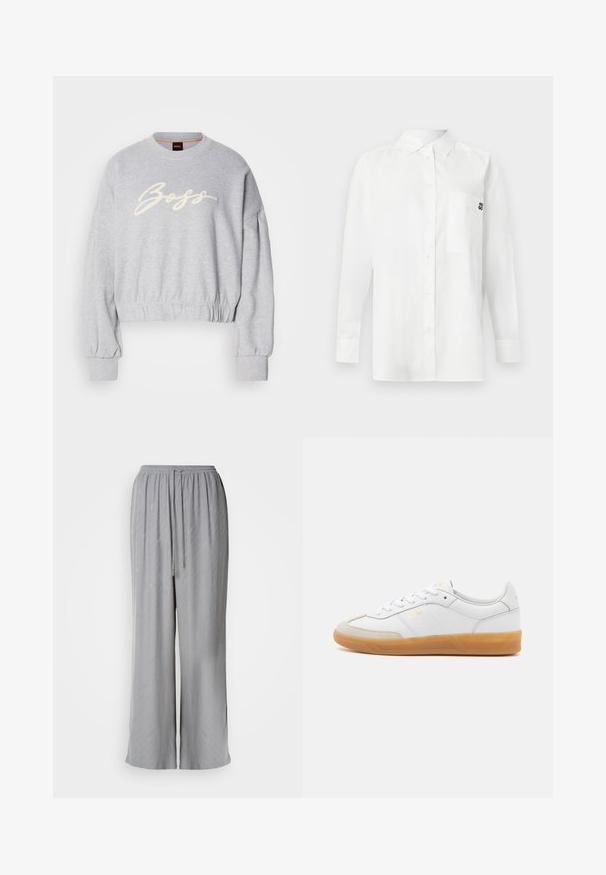 Hall grey lõikega pehme riidega särk, mille esiosas on valge broderie "Boss" logo ja elastsed mansetid varrukatel ning allservas.; Valge pikka varrukat valmistatud puuvilla ja sünteetilise segu kangast, millel on nööbitav krae, eesttasku ja rindkeres väike must logo.; Heledad hallhalli püksid pehmest kangast, millel on elastne vöökoht ja kinnituspael, ning peened diagonaalsed mustrid.; Valge nahast tenniseking, millel on beeži luksusliku sameti detailid, kummi kummist tald ja seotud disain. Esitleb diskreetset kuldset brändimist.