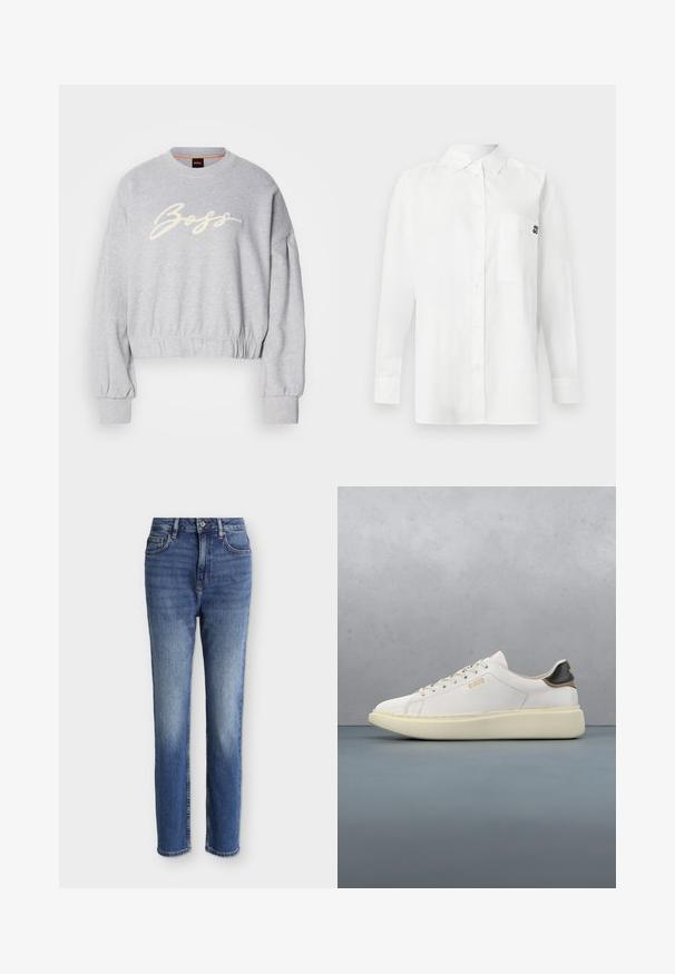 Grijze cropped sweatshirt van zacht materiaal, met een witte geborduurde 'Boss' logo aan de voorkant en elastische boorden aan de mouwen en onderkant.; Witte langemouwenshirt gemaakt van een katoenmix, met een button-down kraag, een borstzak en een klein zwart logo op de borst.; Midblauwe jeans met hoge taille en rechte pijpen, voorzakken, ceintuurlussen, knoopsluiting en subtiele vervaagde details op dijen en knieën.; Witte sneaker met een glad leren bovenwerk, voorzien van een tan en zwart leren hieltab, ronde veters en een chunky beige rubberen zool. Gouden logo detail.