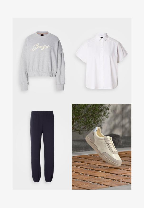 Sweatshirt court gris en tissu doux, présentant un logo "Boss" brodé en blanc sur le devant et des poignets élastiques aux manches et à l'ourlet.; Chemise blanche à manches courtes, à boutons, avec un col pointu et un ourlet arrondi. Fabriquée en coton, elle possède une texture lisse et sans motifs visibles.; Pantalons de survêtement navy avec une taille élastique et des ourlets resserrés. Fabriqués à partir d'un tissu doux avec une texture lisse, sans motifs ni embellissements visibles.; Baskets beige et crème avec détail argenté au talon, lacets noués, positionnées au-dessus d'une surface en bois carrelée avec un arrière-plan flou de verdure et un mur.