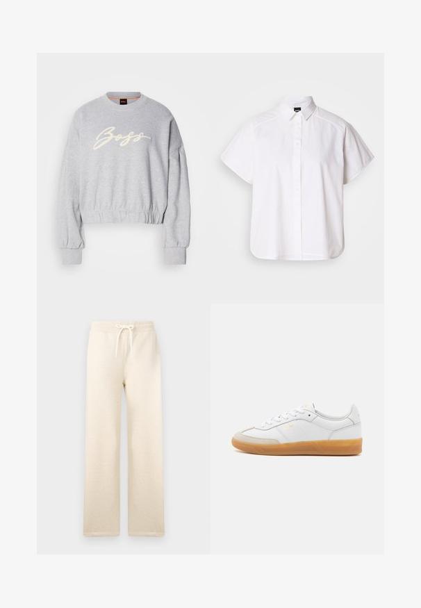 Hall grey lõikega pehme riidega särk, mille esiosas on valge broderie "Boss" logo ja elastsed mansetid varrukatel ning allservas.; Valge lühikeste varrukatega nööpidega särk, millel on terav krae ja kõver hems. Valmistatud puuvillast, millel on sile tekstuur ja nähtamatud mustrid.; Kreemikaalused dressipüksid pehmetest materjalidest, elastse vöökoha ja reguleeritava nööriga, laiad jalad ja ilma nähtavate mustriteta.; Valge nahast tenniseking, millel on beeži luksusliku sameti detailid, kummi kummist tald ja seotud disain. Esitleb diskreetset kuldset brändimist.