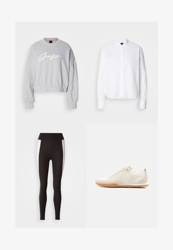 Grå cropped sweatshirt lavet af blødt stof, med et hvidt broderet "Boss" logo på fronten og elastiske manchetter ved ærmerne og kanten.; Hvid skjorte med krave, front placket, lange ærmer og knapmanchetter. Lavet af glat bomuldsstof med en struktureret pasform.; Sorte leggings med bred talje, med hvide sideløsninger. Lavet af strækbart stof med en glat tekstur og en tætsiddende pasform.; Lysebeige net-sneaker med snørebånd, gummisål med zigzag-mønster og diskret broderet logo på siden, vist fra venstre profil.