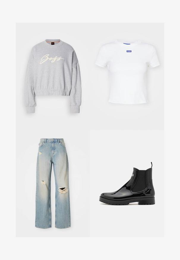 Grauer, verkürzter Pullover aus weichem Material, mit einem weißen, gestickten "Boss"-Logo auf der Vorderseite und elastischen Bündchen an den Ärmeln und am Saum.; Weißes Baumwoll-T-Shirt mit kurzen Ärmeln, Rundhalsausschnitt und einem blauen rechteckigen Logopatch mit der Aufschrift "HUGO" auf der Vorderseite in der Mitte.; Hellblaue, gerade geschnittene Jeans mit hoher Taille, Gürtelschlaufen und ausgefransten Rissen am linken Oberschenkel, rechten Knie und unteren linken Bein.; HUGO TABITA - Gummistiefel - black