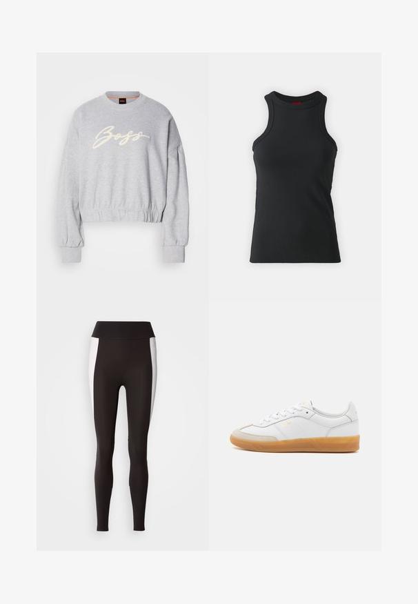 Hall grey lõikega pehme riidega särk, mille esiosas on valge broderie "Boss" logo ja elastsed mansetid varrukatel ning allservas.; Must t-särk mustast venivast kangast. Omab ümmargust kaelust ja figuuri rõhutavat siluetti minimaalsete õmbluste detailidega.; Mustad mustad, laia vöökoha äärisega, valgete külgpaneelide aktsentidega. Valmistatud venivast kangast, millel on sile tekstuur ja sobiv lõike.; Valge nahast tenniseking, millel on beeži luksusliku sameti detailid, kummi kummist tald ja seotud disain. Esitleb diskreetset kuldset brändimist.
