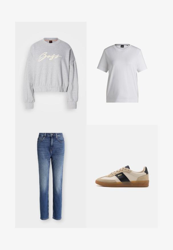 Grauer, verkürzter Pullover aus weichem Material, mit einem weißen, gestickten "Boss"-Logo auf der Vorderseite und elastischen Bündchen an den Ärmeln und am Saum.; Weißes Baumwoll-T-Shirt mit rundem Halsausschnitt, kurzen Ärmeln und bequemer Passform. Mit einem kleinen Markenschild nahe dem Kragen.; Midblaue Jeans mit hoher Taille und geradem Bein, vorne Taschen, Gürtelschlaufen, Knopfverschluss und dezenten, ausgewaschenen Details an Oberschenkeln und Knien.; BOSS BRENTA - Sneaker low - medium beige