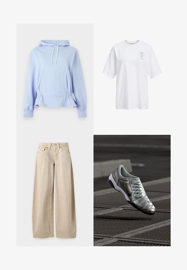 Lyseblå hættetrøje med hvide snore, lange ærmer, forlommer, elastisk indsnævret talje og diskret brystbroderi.; Hvid oversized T-shirt med korte ærmer, med lille blå og rød hummertil grafik og tekst på den øverste venstre del af brystet.; Beige jeans med vide ben, fem lommer og synlige sømme ved knæene, vist fladt mod en ensfarvet lysegrå baggrund.; Sølv Nike sko med en glat finish, der har et snørebåndsdesign og en sort ydersål. Tekstureret overdel med subtile accenter og logo.