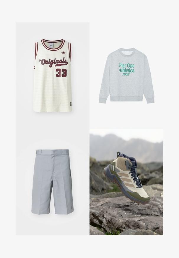 Sweat-shirt gris avec col rond, doté d'un texte brodé vert : "Pier One Athletics 1968" sur le devant. Manches longues, poignets côtelés.; Maillot sans manches en mesh blanc avec des accents maroon, texte "The Originals", numéro 33 et petit logo sur la poitrine gauche.; Shorts gris clair en tissu résistant, dotés d'une coupe droite, d'une taille avec passants de ceinture et de détails de plis subtils.; Chaussure de randonnée montante arborant un design beige et vert olive avec un tissu texturé, des accents gris et une semelle en caoutchouc pour l'adhérence.